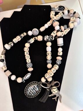Teacher Gift Black White Beaded Letter Badge Key Holder Necklace with Charms